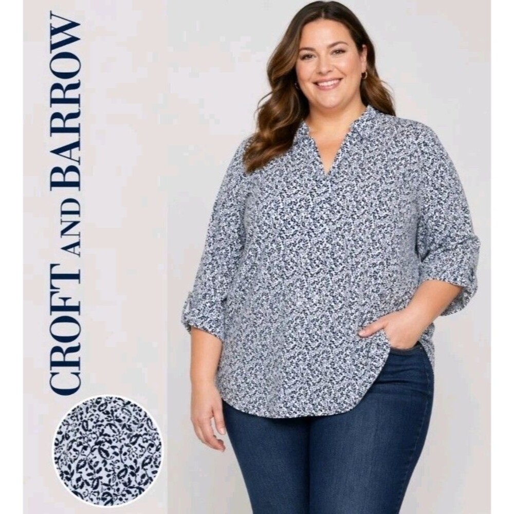 CROFT & BARROW Womens 3X Paisley Preppy Button 3/4 Sleeve Black White Shirt Top